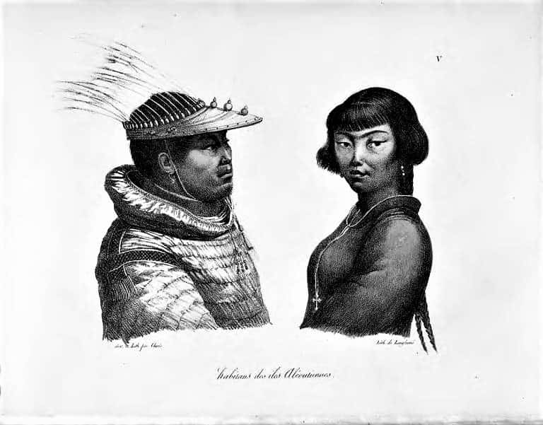 Aleut_man_wearing_hunting_visor_and_skin_garment_and_woman_wearing_a_Russian_cross